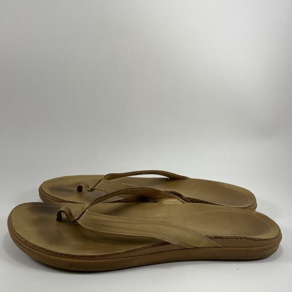 Olukai Aukai Leather Flip Flops Womens Size 10 Brown Tan Sandals Hawaiian Beach - Picture 4 of 9